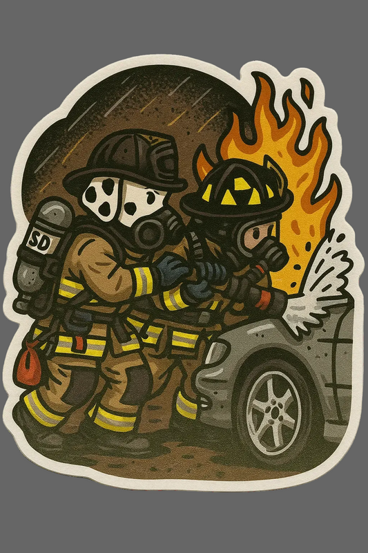 🔥🚒 Car Fire Attack Sticker (2.5” x 2.5”) Firedog Works